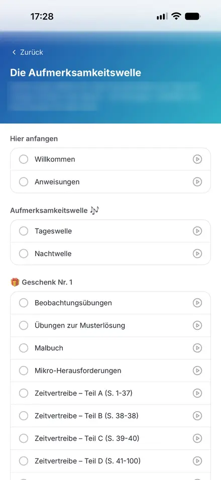 Inhalte in der App: Willkommen, Anweisungen, Tageswelle, Nachtwelle, Geschenke